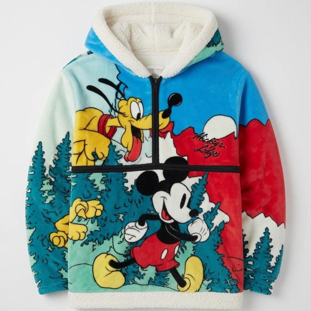 Disney Mickey Mouse & Pluto Forest Print Sherpa Quarter-Zip Pullover Hoodie